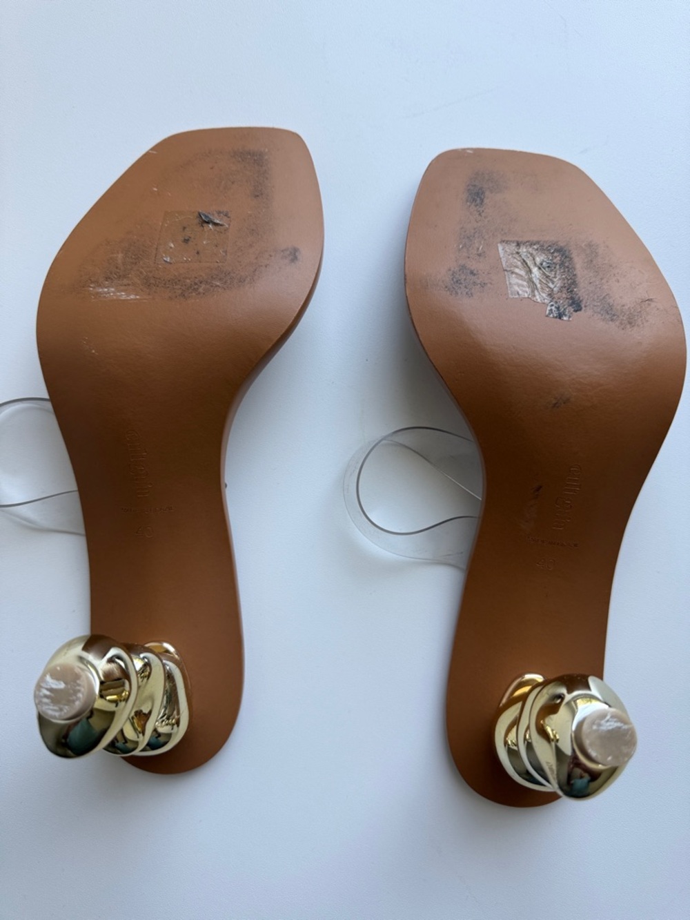 Cult Gaia Clear Strap Brown Slide Sandals with Gold Accent Heel - Picture 3 of 4
